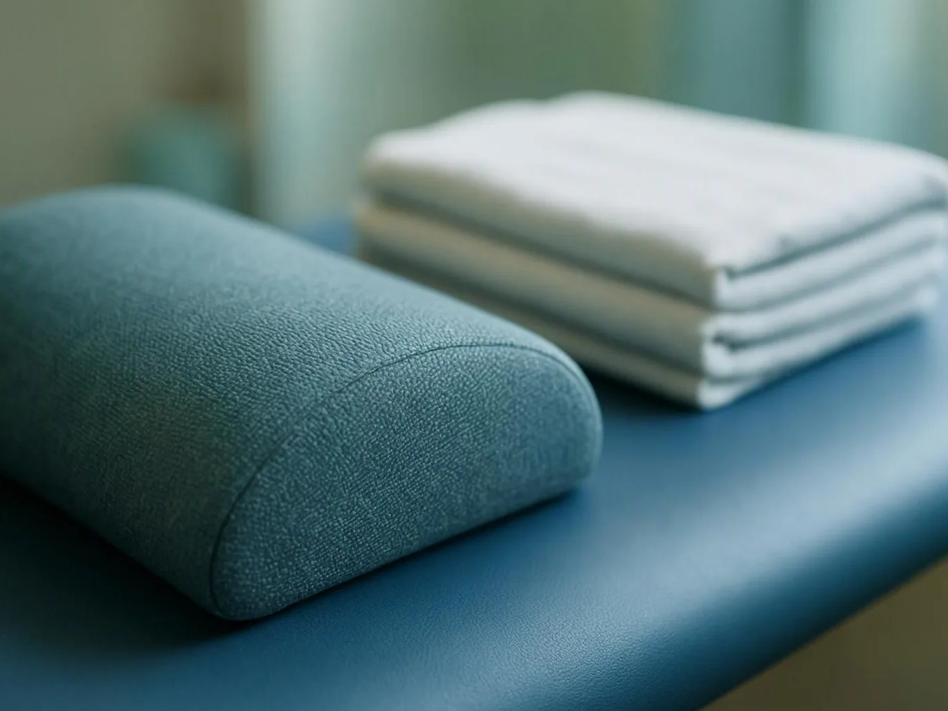 A teal padded bolster rests on a blue treatment table beside neatly folded white towels