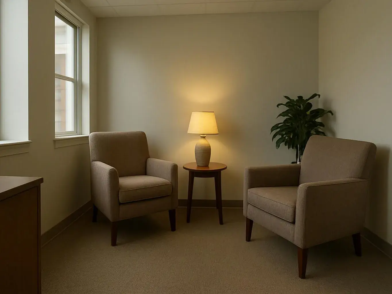 Two beige armchairs face a glowing table lamp in a quiet waiting room with a potted plant and window