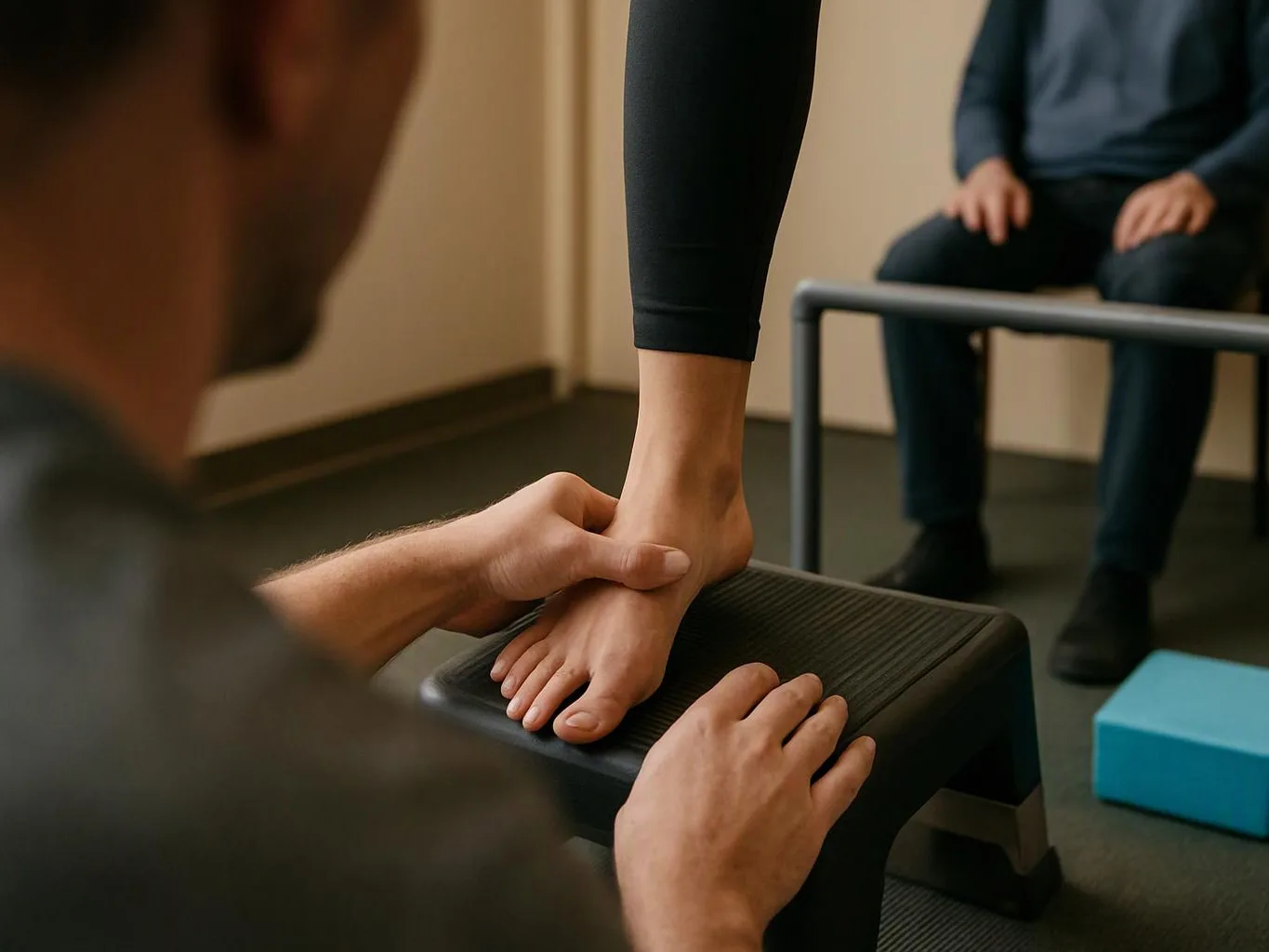 A therapist checks a standing person's ankle while another seated person watches in a clinic room