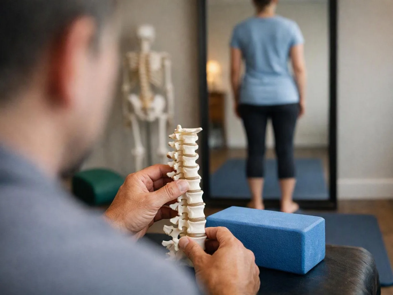 A therapist holds a spine model while a woman stands facing a mirror in a treatment room