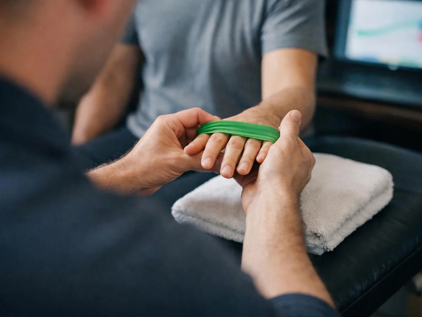 A therapist stretches a green band across a patient’s hand in a clinic setting