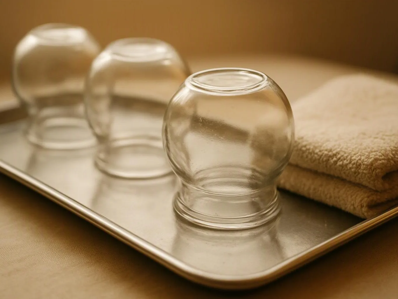 Three clear glass cupping jars rest on a metal tray beside folded beige towels