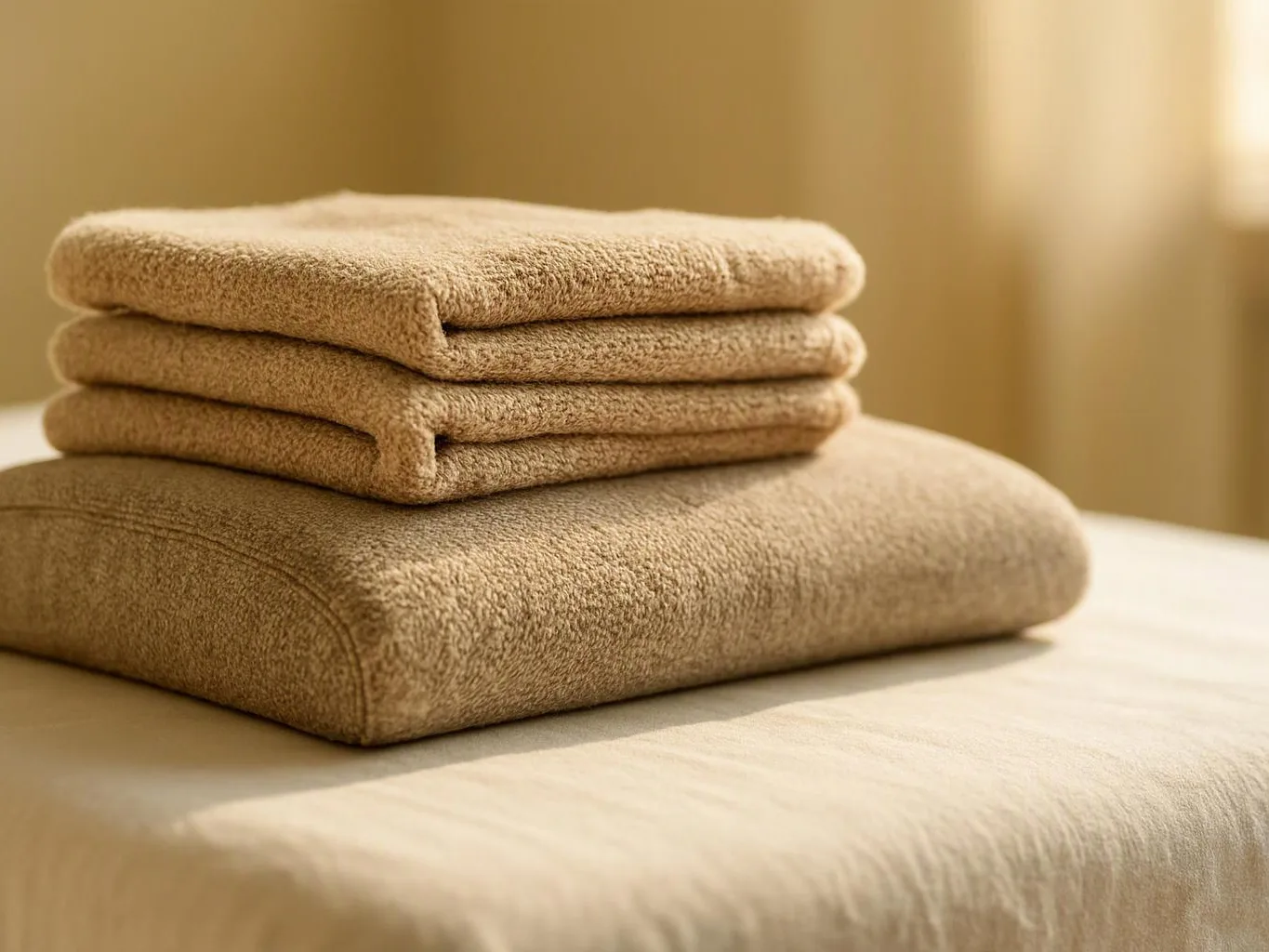 Three folded beige towels sit stacked on a larger towel in warm sunlight