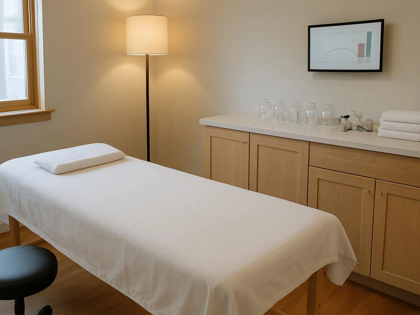 A tidy treatment room shows a white massage table, a floor lamp, and cabinets with glass jars and folded towels