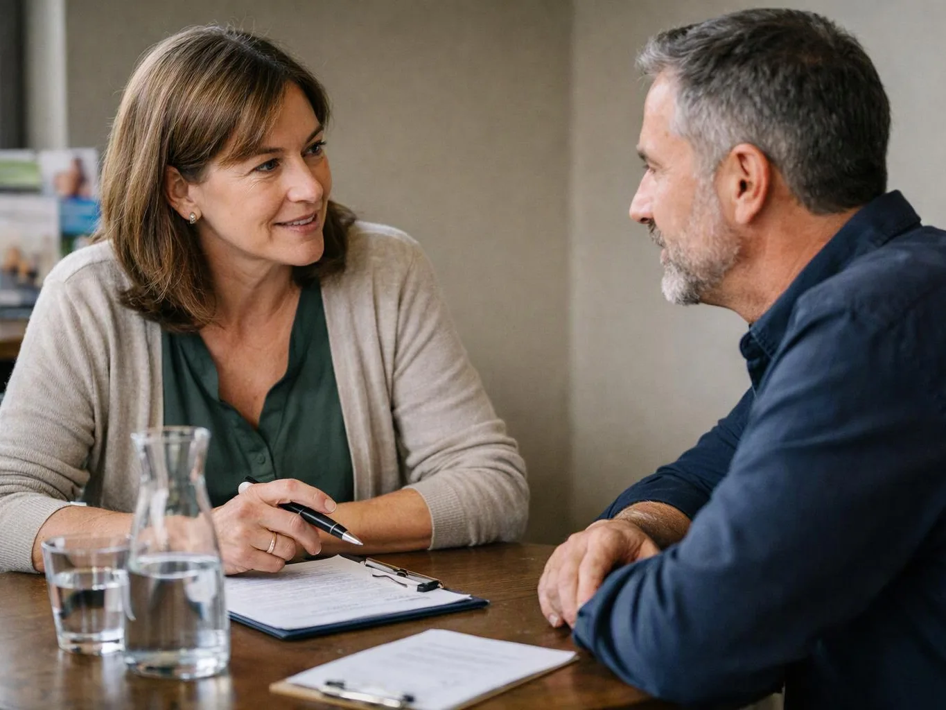 Two adults talk across a wooden table, with a clipboard, pen, water glasses, and papers between them