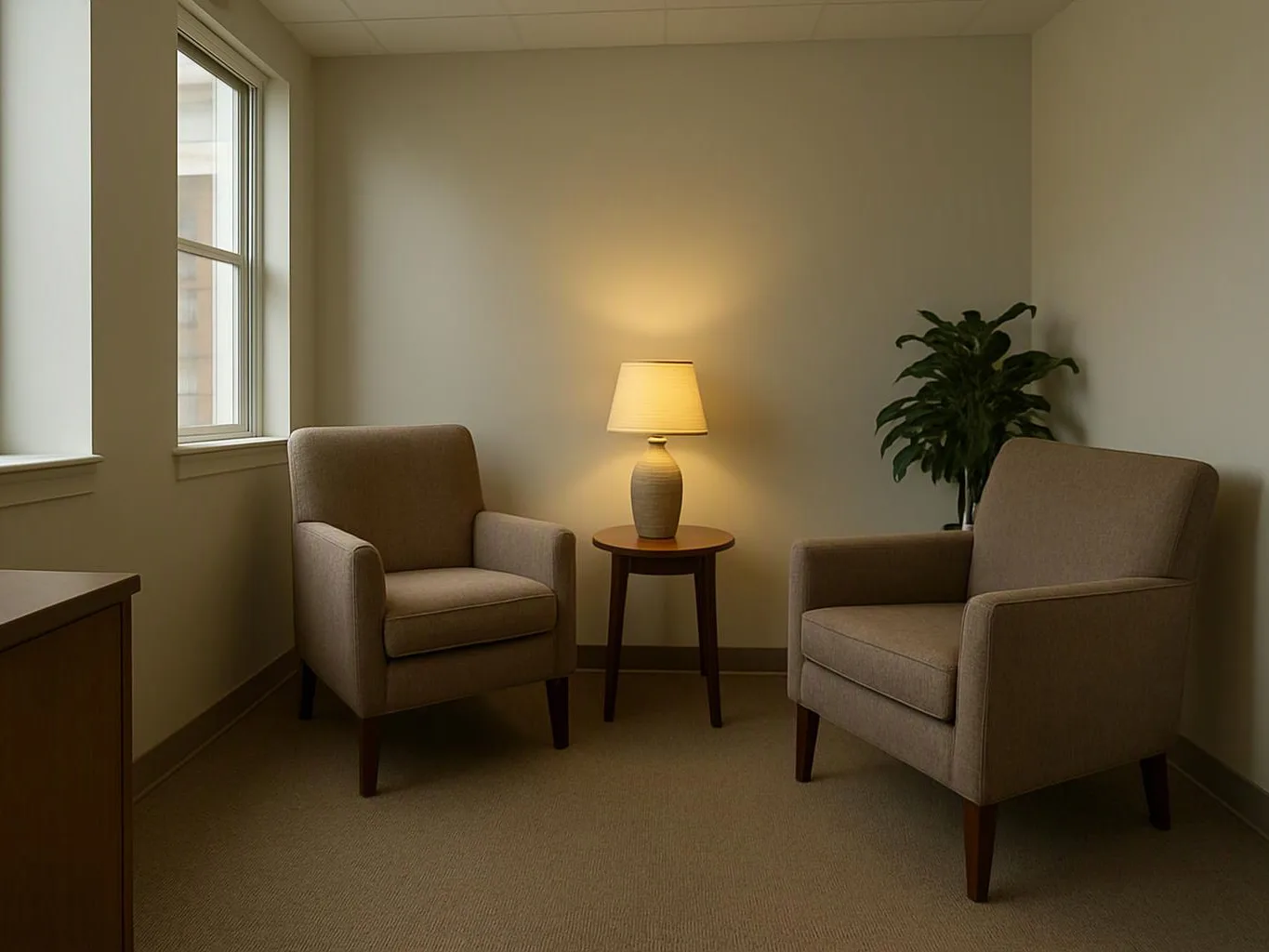 Two beige armchairs face a lit table lamp, with a potted plant and window in a quiet room