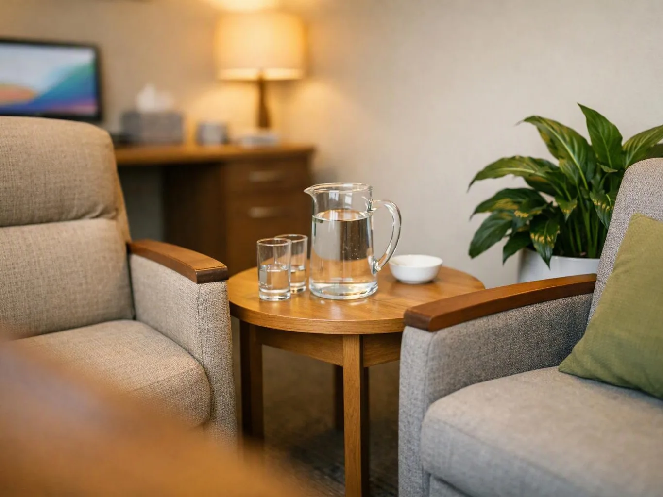 Two beige armchairs face a wooden table with a water pitcher, glasses, and a small bowl in a cozy room