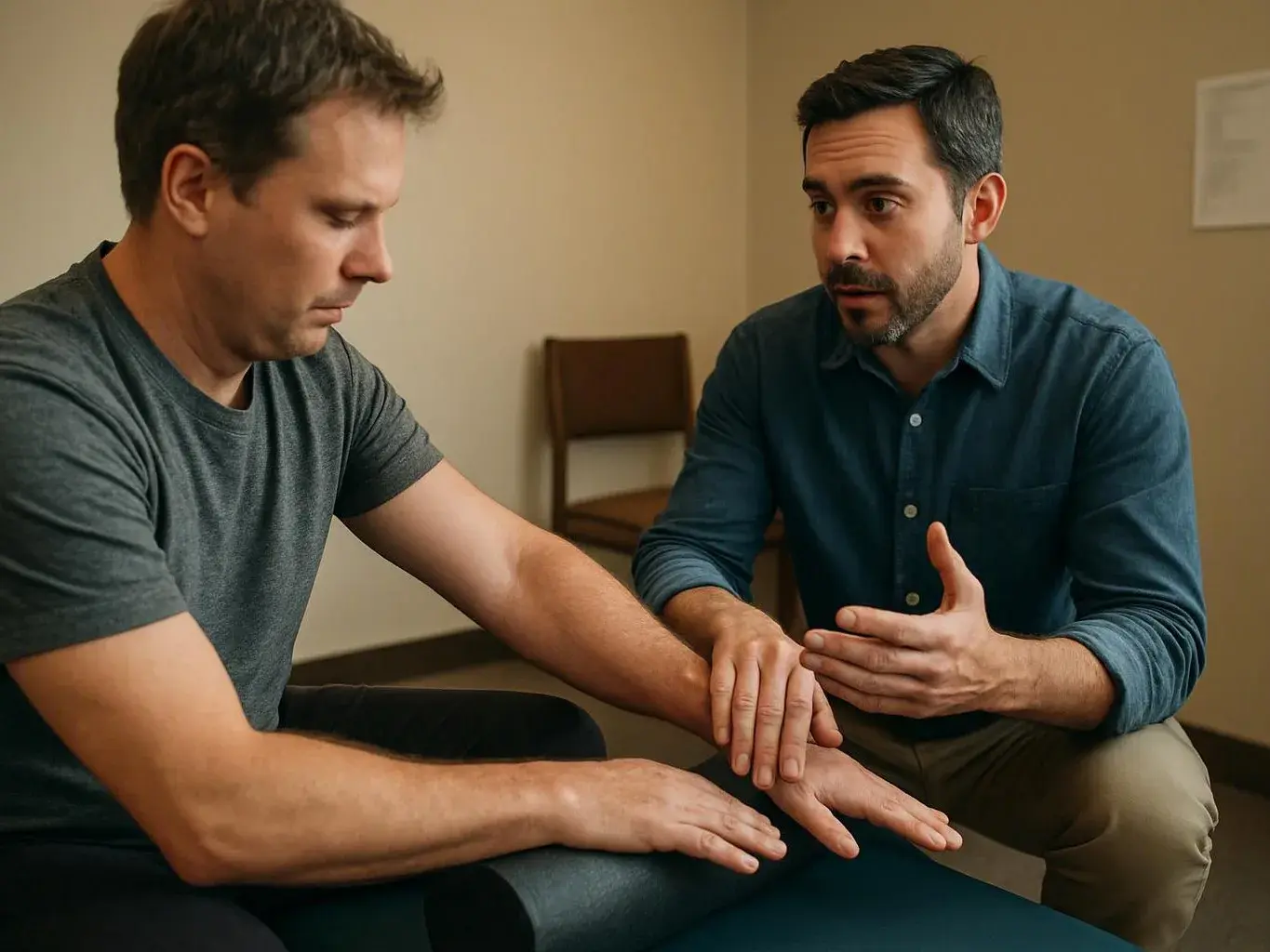 Two men sit in a room, one listens while the other gestures and touches his forearm