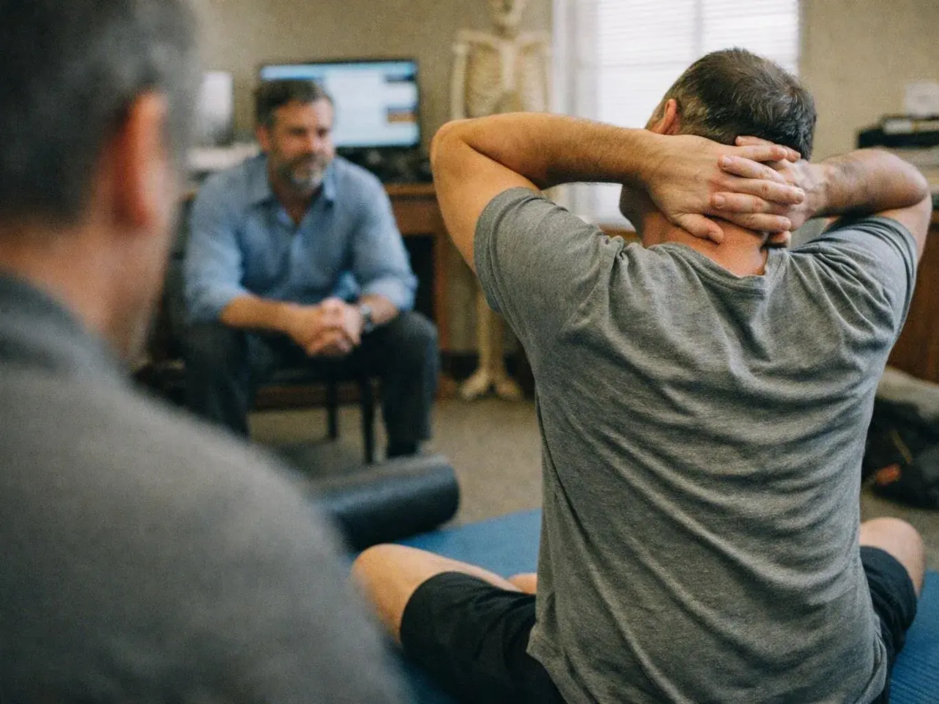 Two men sit in a room while one man listens with his hands behind his head