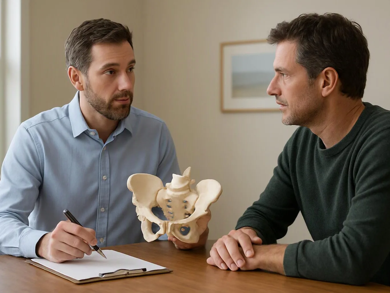Two men sit at a table, one pointing at a pelvis model while the other listens in a bright room