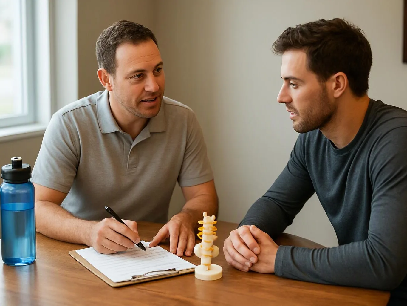 Two men sit at a table, one taking notes while they talk beside a model spine and water bottle