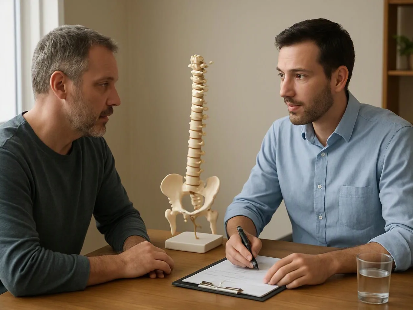 Two men sit at a table, one writing on a clipboard beside a spine model in a quiet room