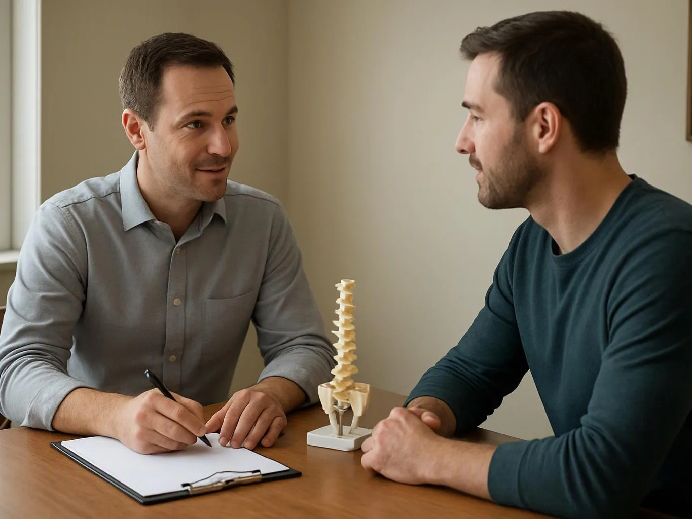 Two men talk across a table while one writes on a clipboard beside a small spine model