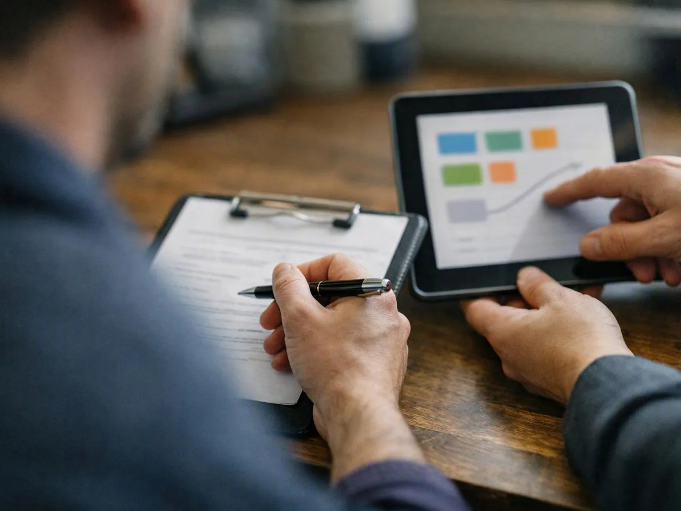 Two people review charts on a tablet while one writes on a clipboard at a wooden table
