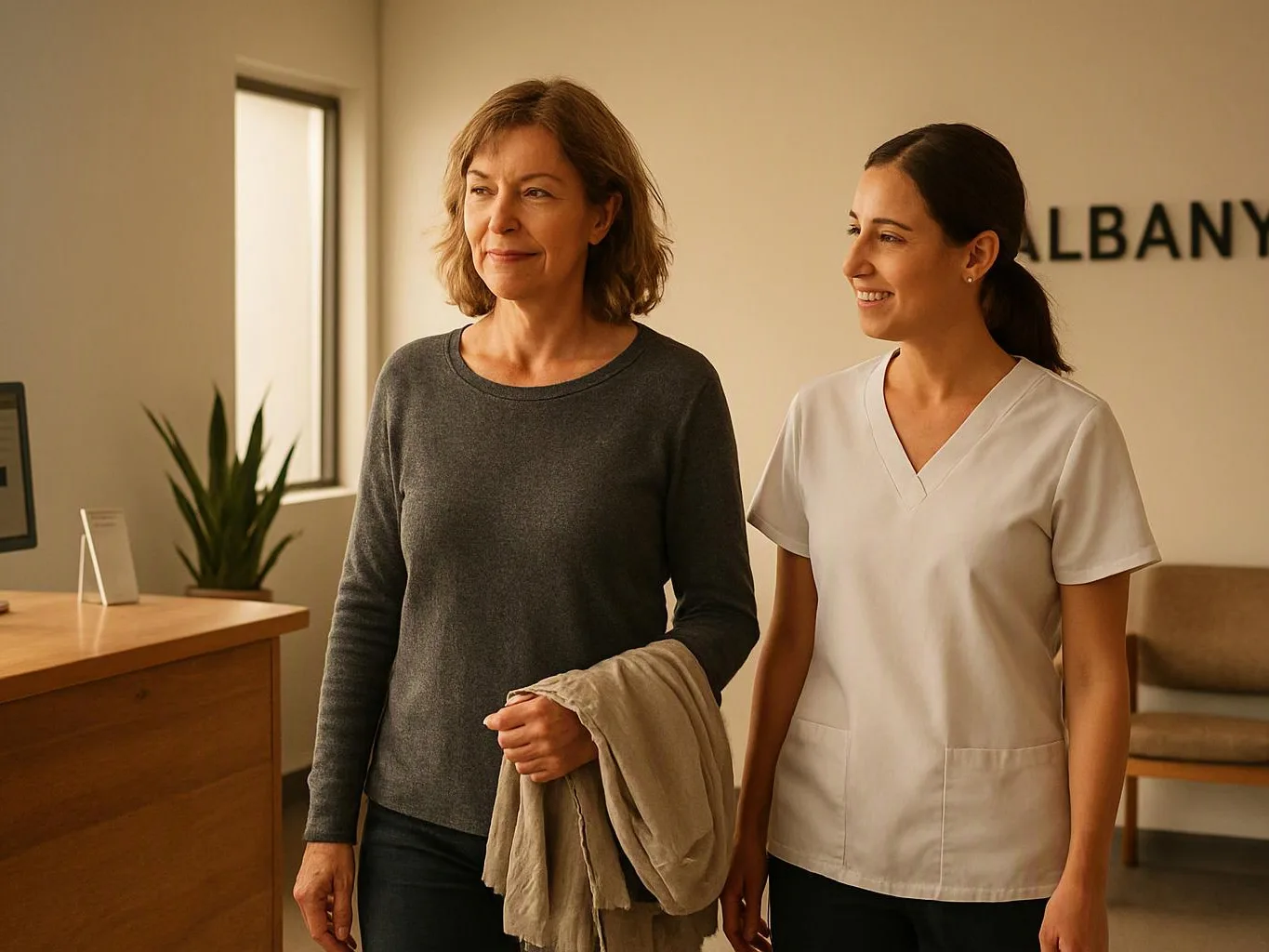 Two women stand in a bright waiting room, one in casual clothes holding a jacket beside a smiling nurse in white scrubs