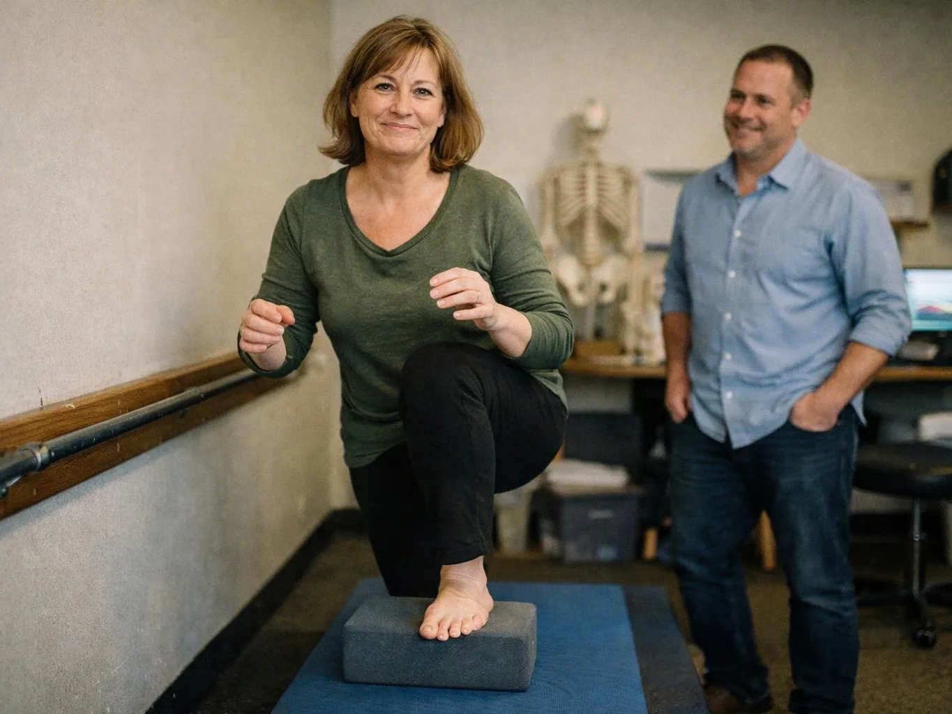 A woman balances on a foam block in a therapy room while a man stands behind her and smiles