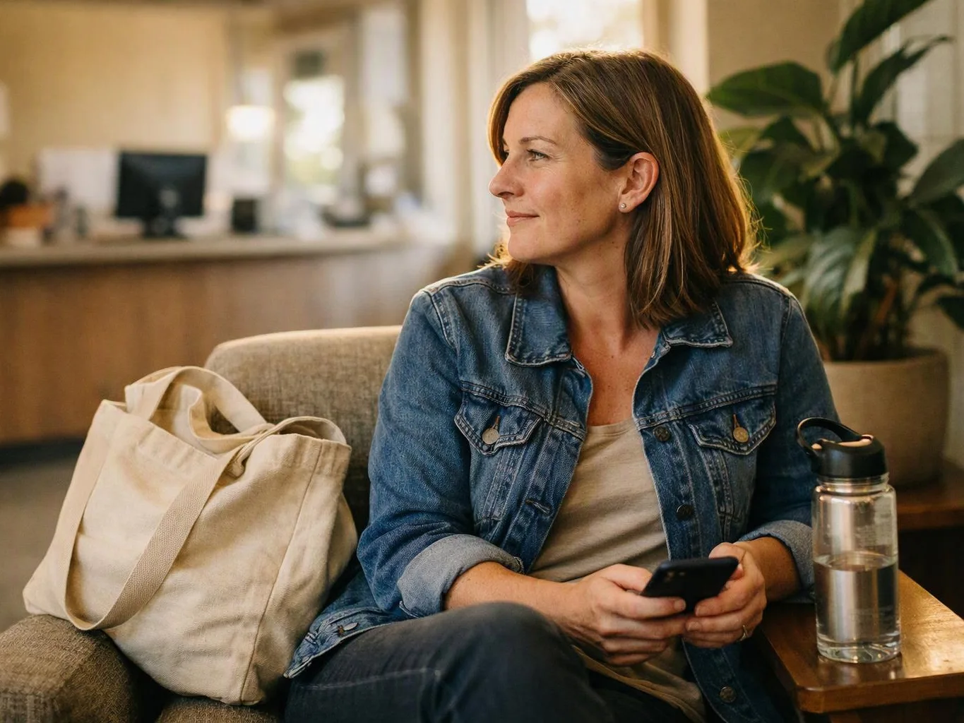 Woman in a denim jacket sits in a chair, holding a phone beside a tote bag and water bottle