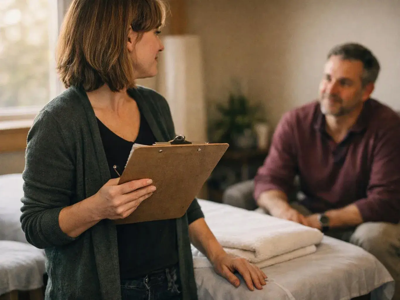 Woman holding a clipboard stands beside a massage table while a seated man watches in a softly lit room