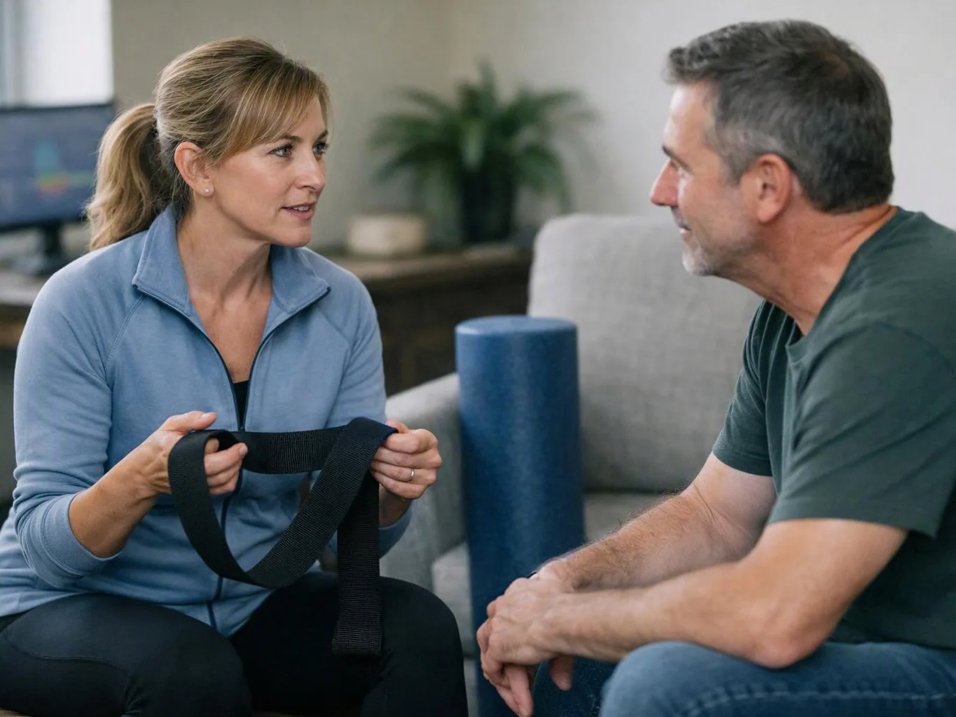 A woman holds a black strap while talking with a man seated across from her in a living room