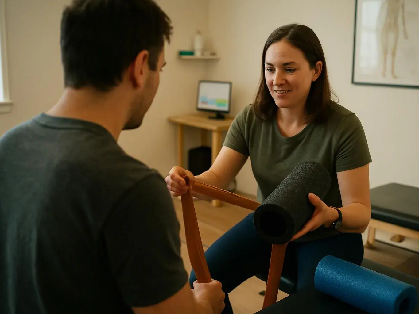 Woman and man work with exercise bands and foam rollers in a bright therapy room