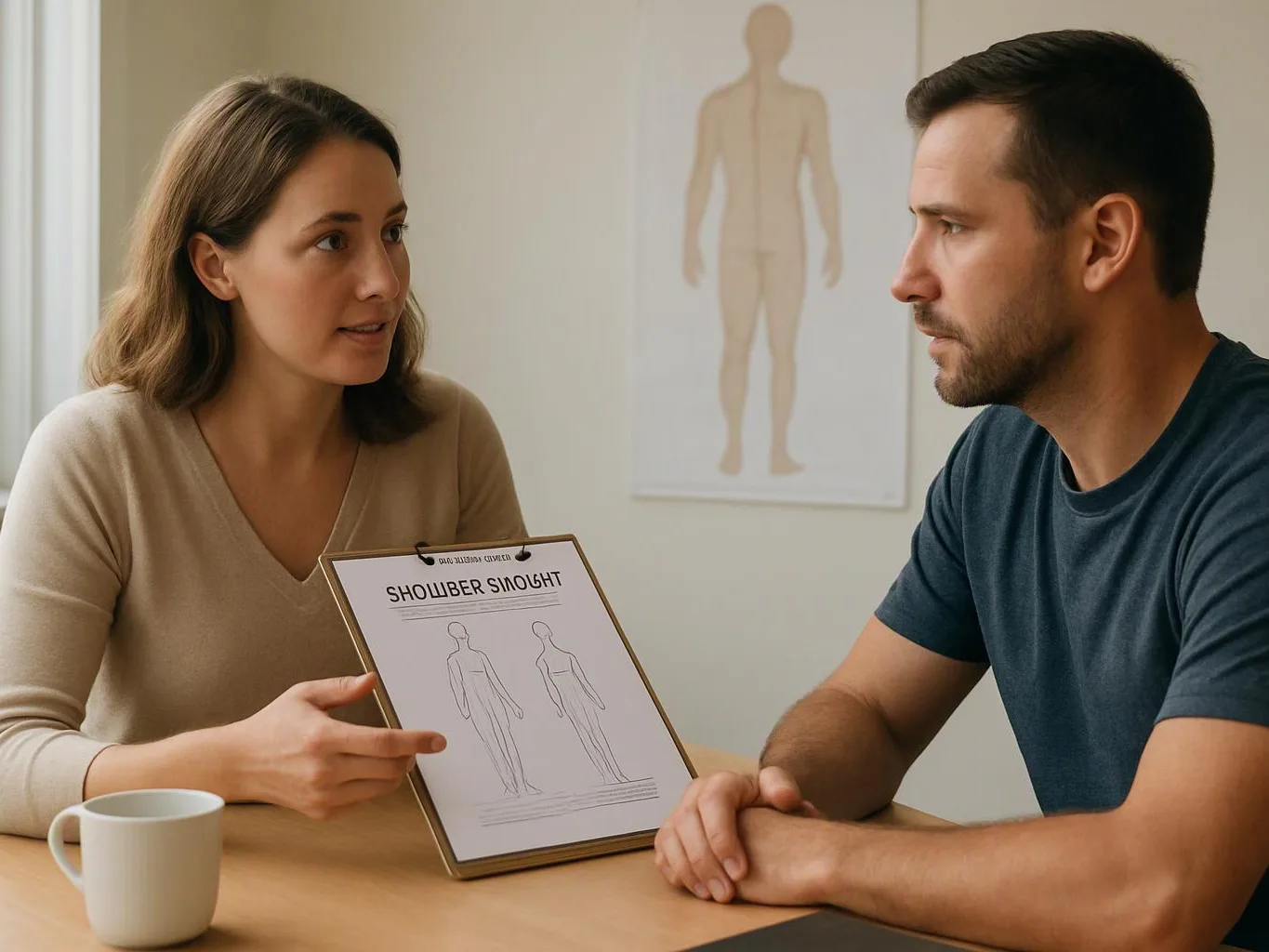 A woman shows a shoulder assessment chart to a man across a table in a clinic room