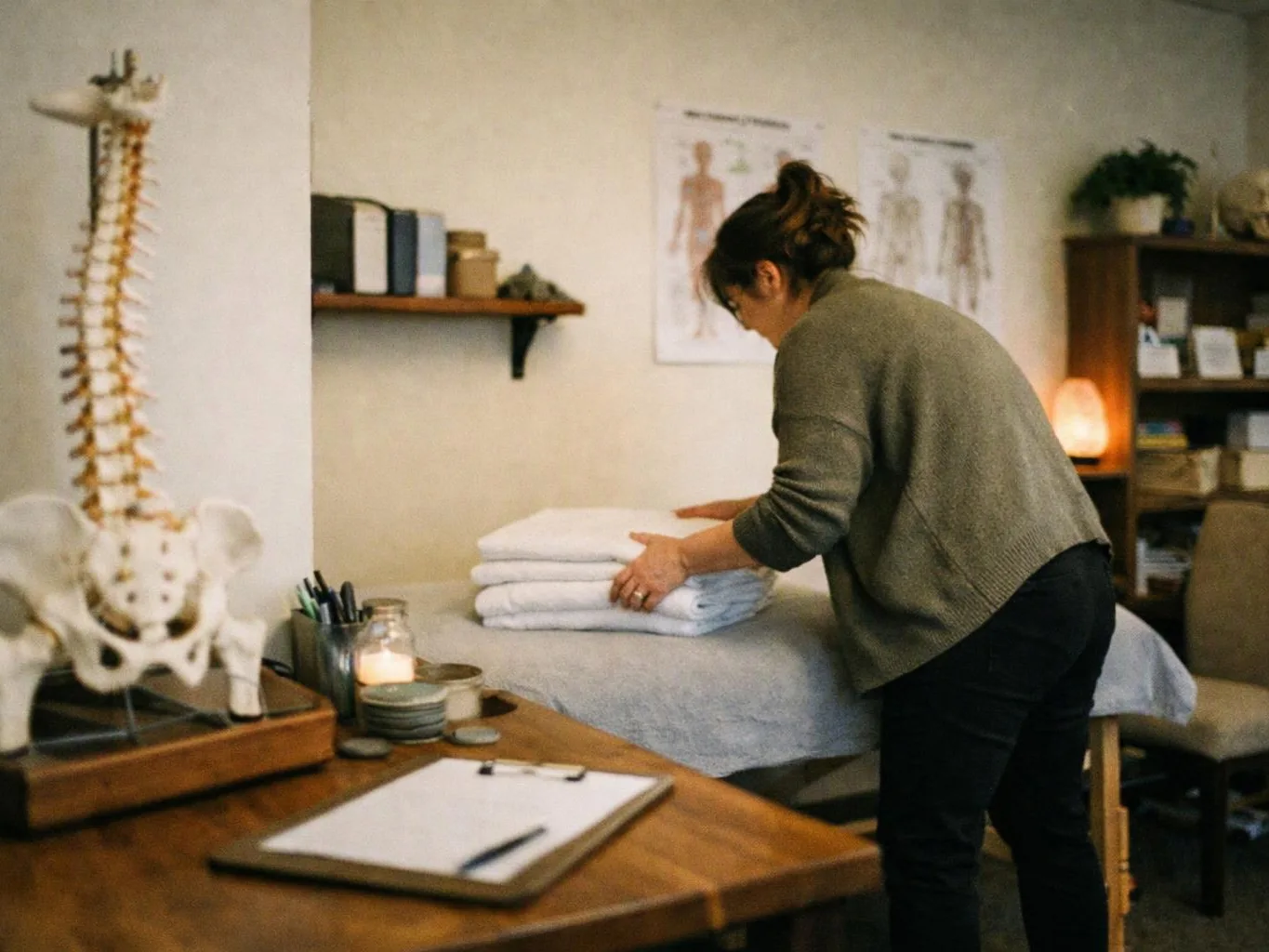 A woman stacks folded towels on a massage table in a calm treatment room
