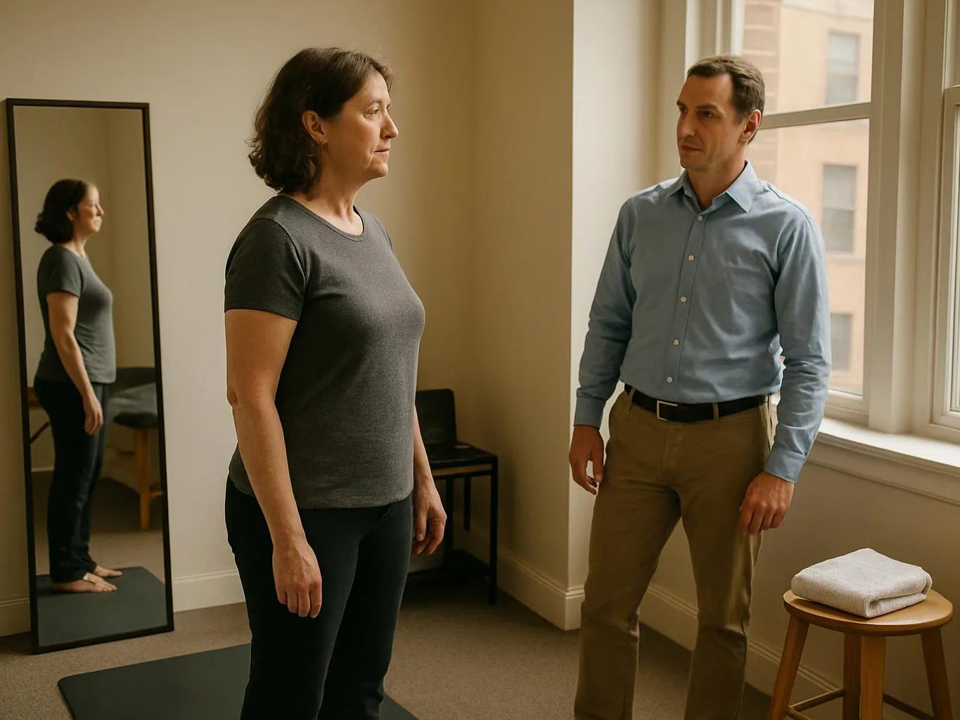 A woman stands on a yoga mat facing a man by a bright window in a quiet room