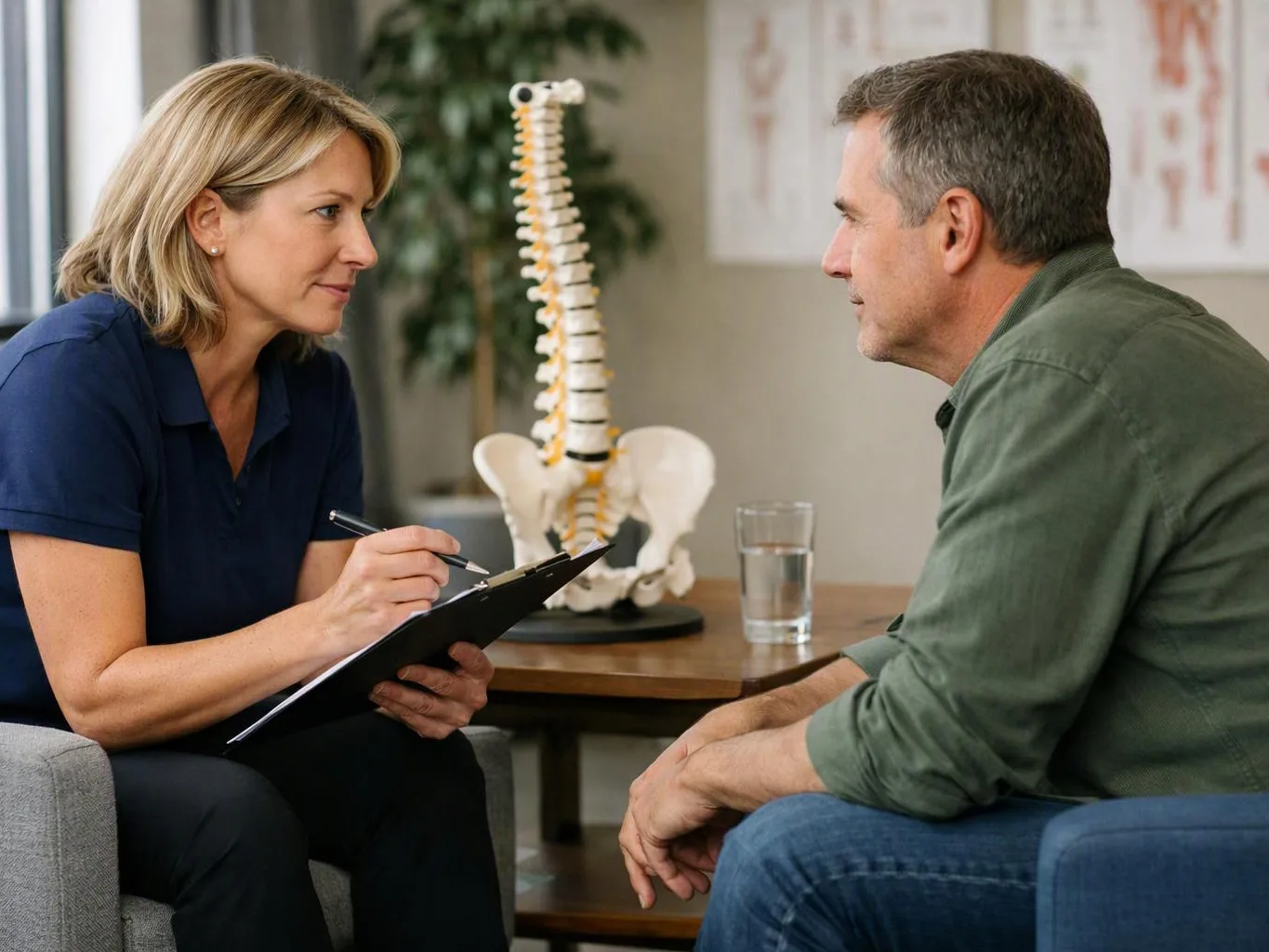 A woman takes notes while talking with a seated man, with a spine model and glass of water behind them