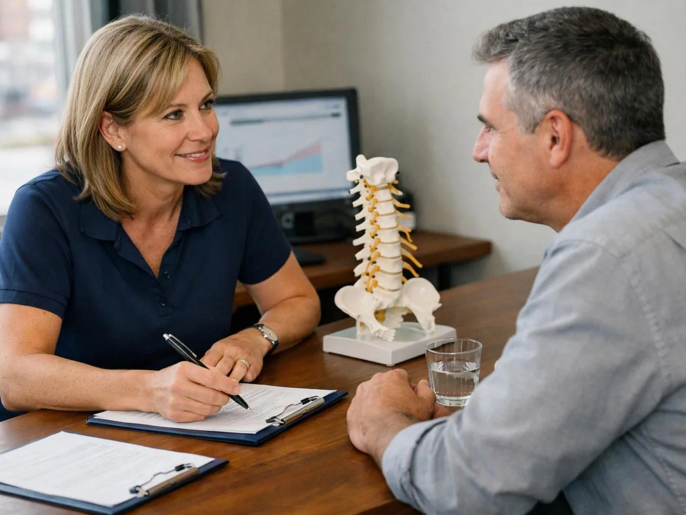 A woman writes on a clipboard while talking with a man across a desk, with a spine model and computer behind them