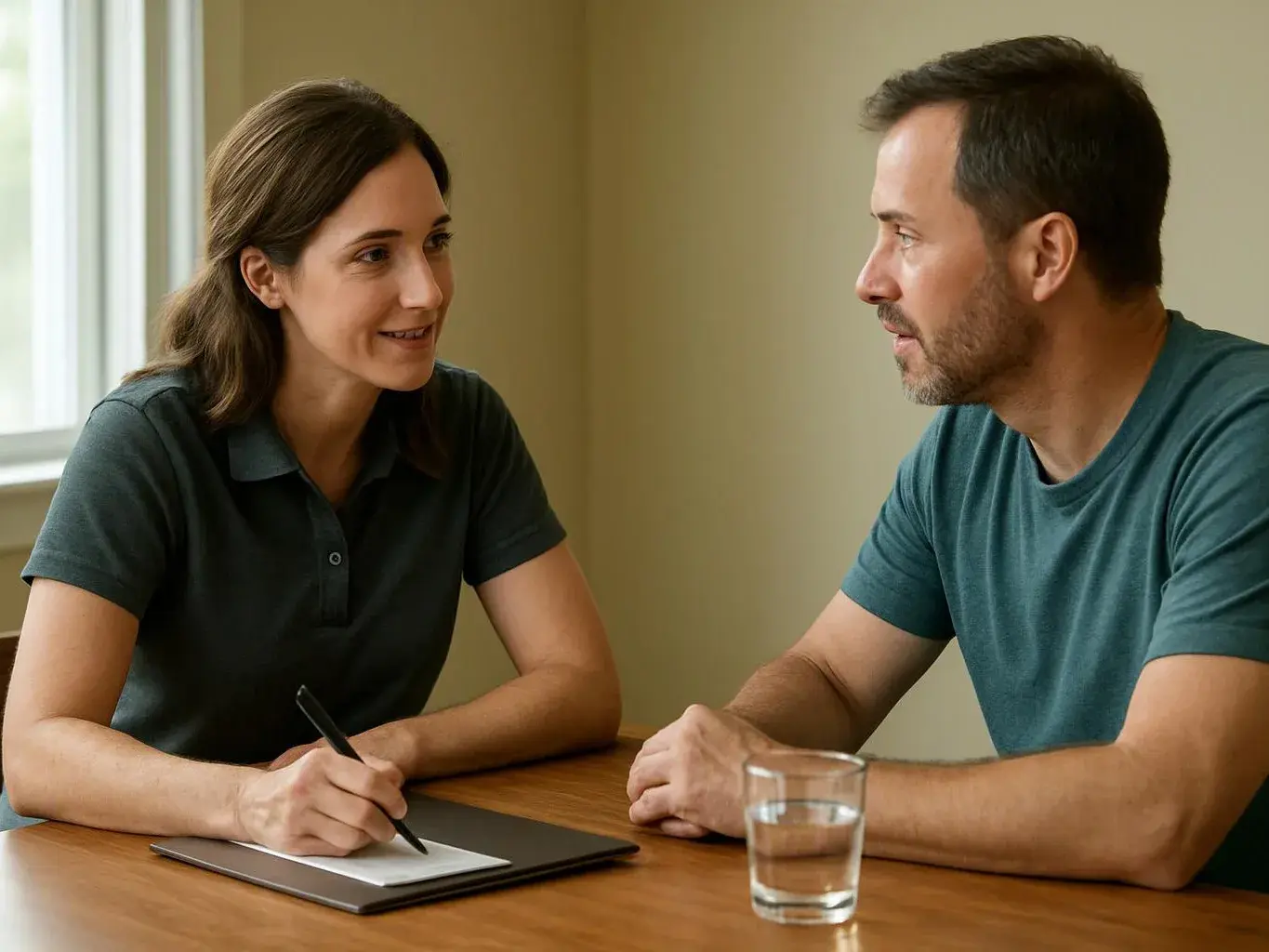A woman writes in a notebook while talking with a man across a wooden table in a plain room