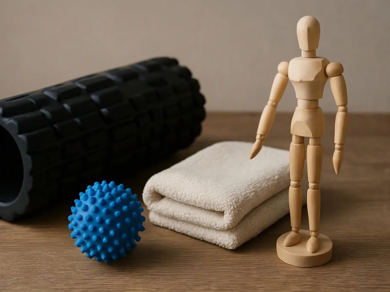 A wooden mannequin stands beside a folded towel, blue spiky ball, and black foam roller on a table