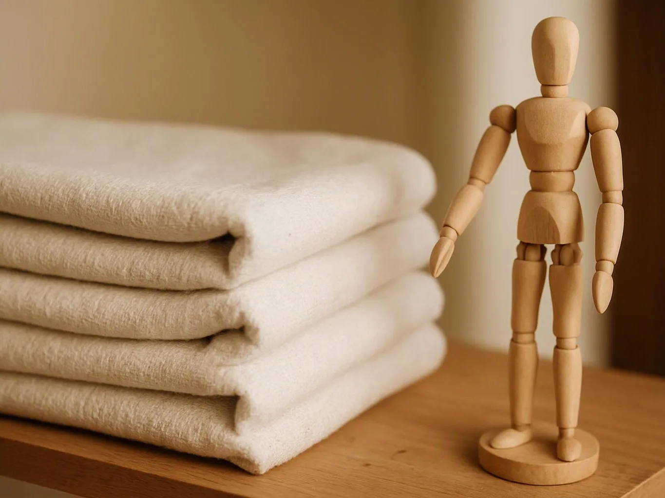 A wooden mannequin stands beside a neatly folded stack of cream towels on a wooden shelf