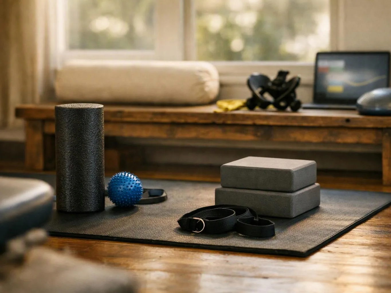 A yoga mat holds foam blocks, a massage ball, straps, and a roller in a calm room