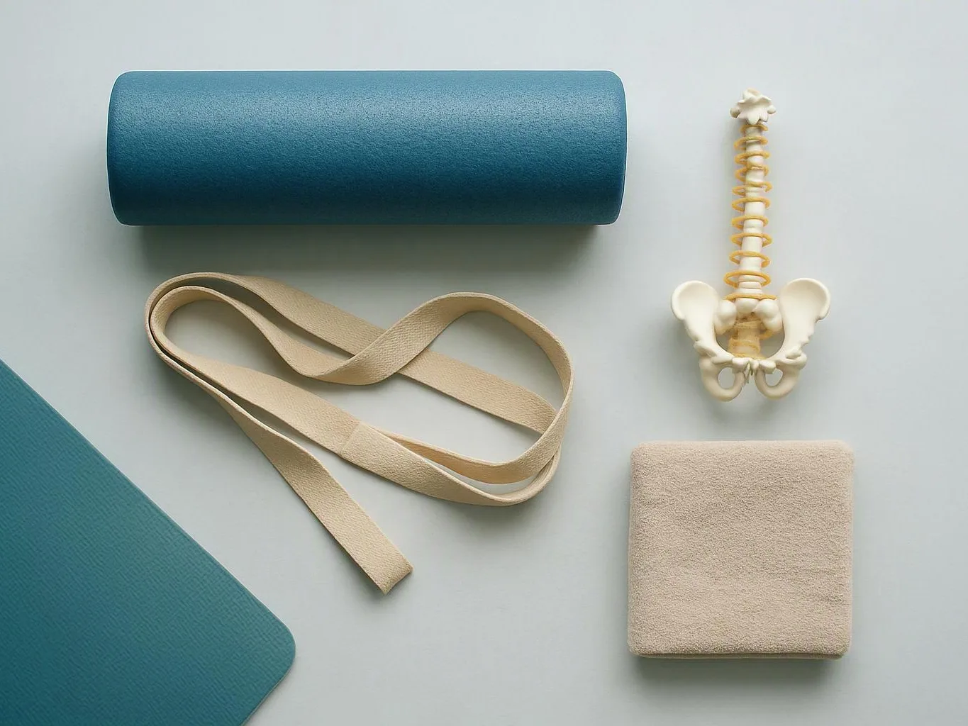 Yoga props and a small spine model arranged neatly on a pale surface